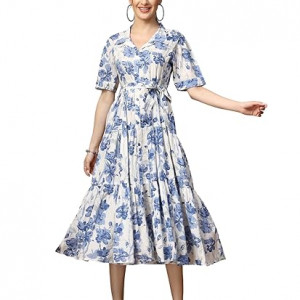 Stylum Women's Floral Printed Cotton Flared Dress blue