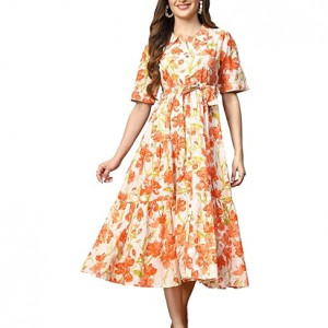 Stylum Women's Floral Printed Cotton Flared Dress orange