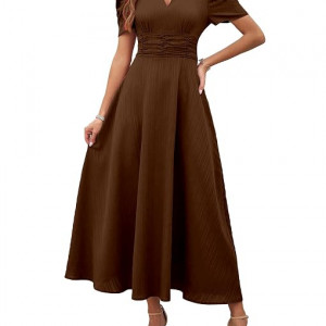Women's Solid Color V-Neck A-Line Maxi Dress for Women | New Year Party Outfit , Brown