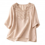 Womens Elegant Beige Floral Embroidered Tunic Top with Scalloped V Neck beige