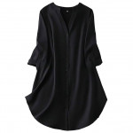 Women's Rayon Top with 3/4th Sleeves Mandarin Collar Neck Solid Pattern A Line Style Knee-Length and Regular Fit black