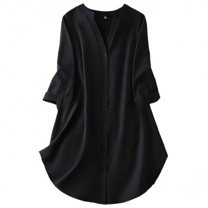 Women's Rayon Top with 3/4th Sleeves Mandarin Collar Neck Solid Pattern A Line Style Knee-Length and Regular Fit black