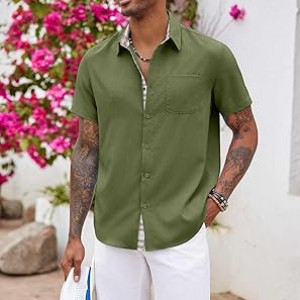 Men's Button Down Shirts Short Sleeve Casual Shirts Summer Beach Shirts ,Army Green