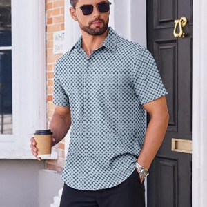Men's Button Down Shirt Short Sleeve Dress Shirt Casual Beach Summer Wedding Shirt , light Blue - Rhombus
