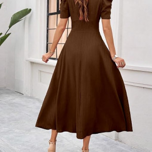 Women's Solid Color V-Neck A-Line Maxi Dress for Women | New Year Party Outfit , Brown
