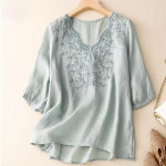 Womens Elegant Beige Floral Embroidered Tunic Top with Scalloped V Neck beige Peach