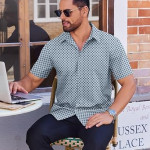 Men's Button Down Shirt Short Sleeve Dress Shirt Casual Beach Summer Wedding Shirt , light Blue - Rhombus