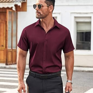 Men's Button Down Shirt Short Sleeve Dress Shirt Casual Beach Summer Wedding Shirt , Ligh
