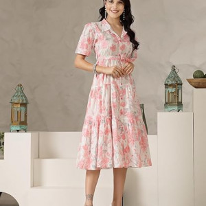 Stylum Women's Floral Printed Cotton Flared Dress pink
