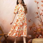 Stylum Women's Floral Printed Cotton Flared Dress orange
