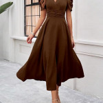 Women's Solid Color V-Neck A-Line Maxi Dress for Women | New Year Party Outfit , Brown