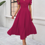 Women's Solid Color V-Neck A-Line Maxi Dress for Women | New Year Party Outfit , Hot Pink