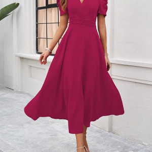 Women's Solid Color V-Neck A-Line Maxi Dress for Women | New Year Party Outfit , Hot Pink