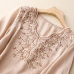 Womens Elegant Beige Floral Embroidered Tunic Top with Scalloped V Neck beige