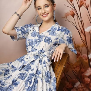 Stylum Women's Floral Printed Cotton Flared Dress blue
